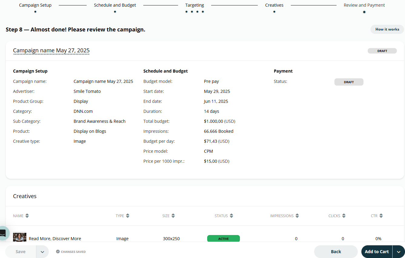 Screenshot of the campaign review step, summarizing the Campaign Setup, Schedule and Budget, and Creatives before finalization.