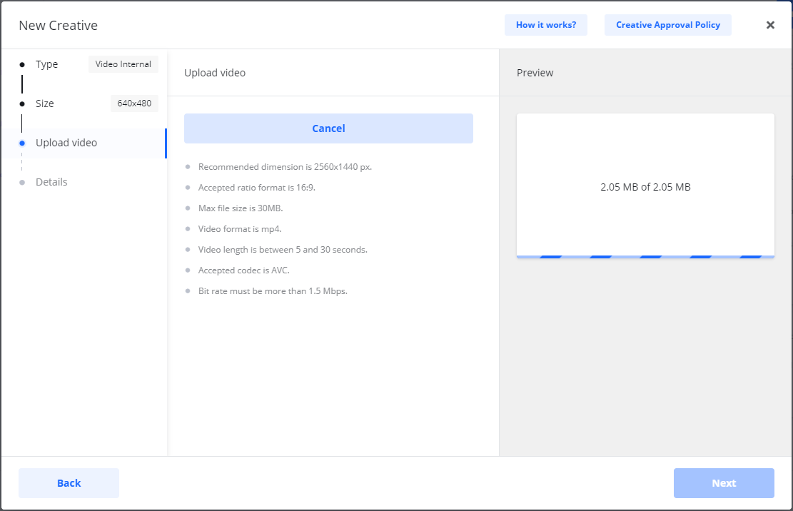 Screenshot of the 'Upload video' step, showing a video upload in progress with a loading bar in the preview area.