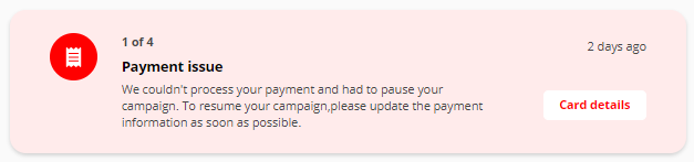 Screenshot showing the 'Payment issue' text highlighted on a Campaign in the Campaign list view.