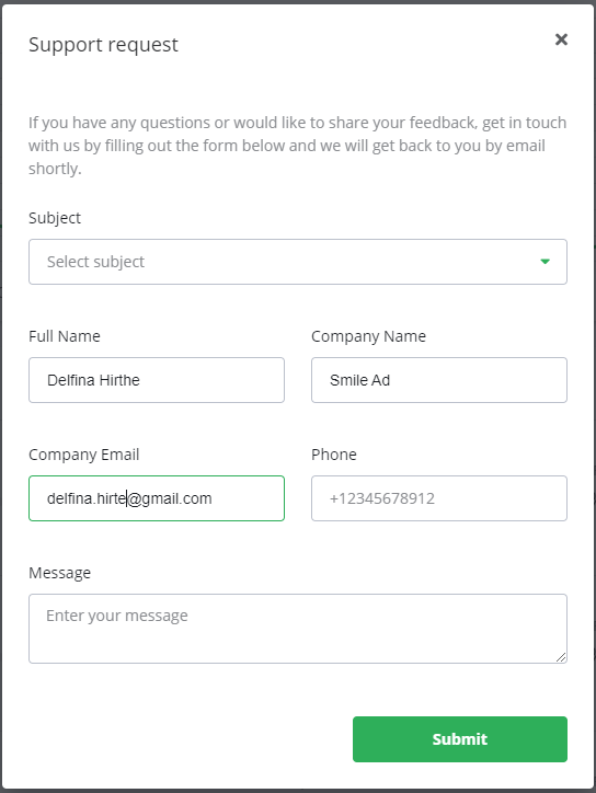 A support request form with pre-filled user information, highlighting the 'Company Email' field.