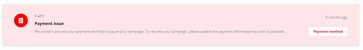 Screenshot of a 'Payment issue' notification banner, indicating a failed payment and prompting the user to update their payment method.