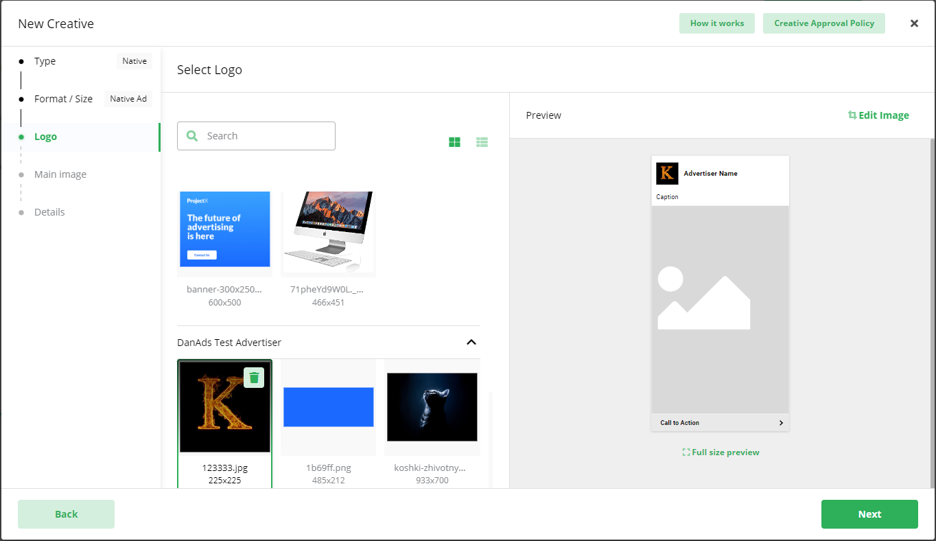 Screenshot of the 'New Creative' wizard at the 'Logo' selection step, showing an image library and a preview of the native ad with the chosen logo.