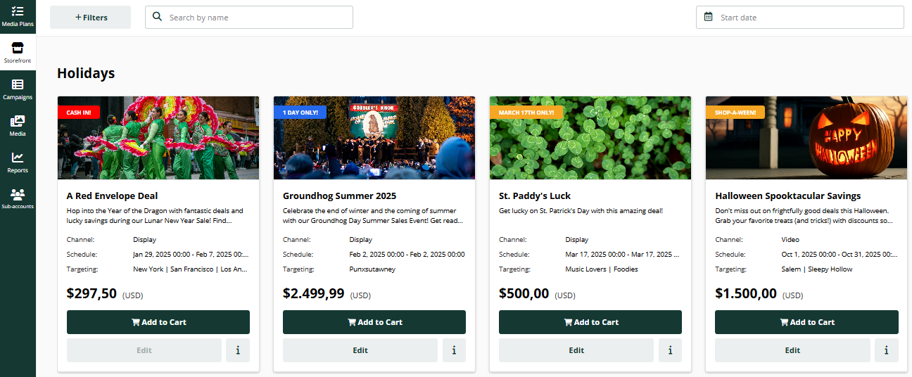 A storefront displaying various holiday-themed media plans, including promotions for Lunar New Year, Groundhog Day, St. Patrick's Day, and Halloween.