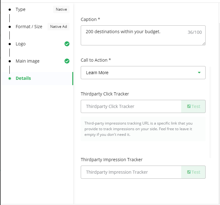 Screenshot of the creative details page showing input fields for Caption, Call to Action, and third-party trackers.
