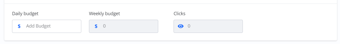 Screenshot of budget input fields for 'Total budget,' 'Clicks,' and 'Budget per day.'