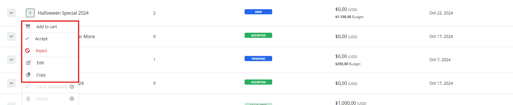 Screenshot of the actions menu for a media plan, highlighting the options to Add to cart, Accept, Reject, Edit, and Copy.