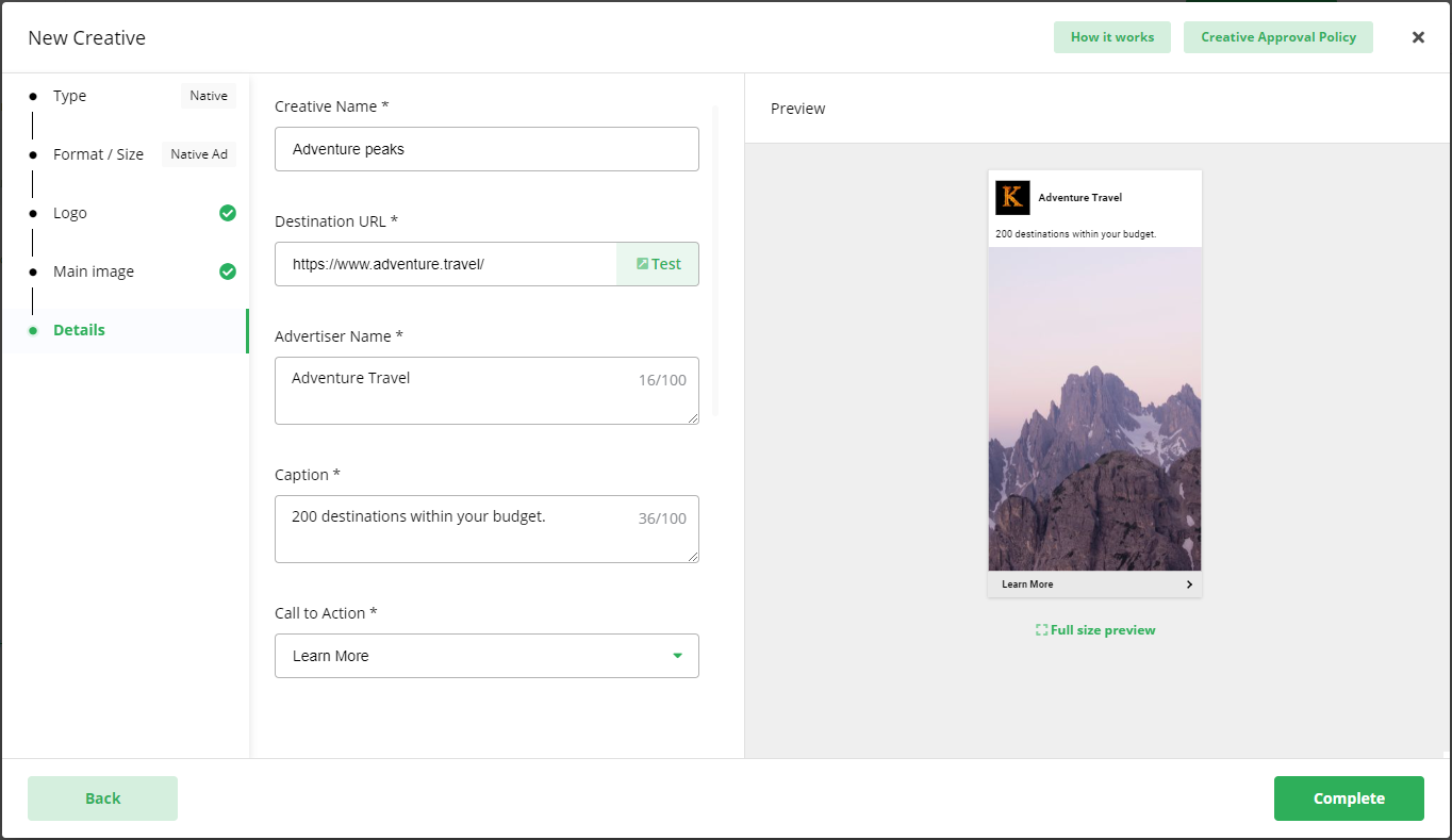 Screenshot of the 'Details' step in the creative wizard, showing the user filling out creative information like name, URL, and caption, with a live preview on the side.