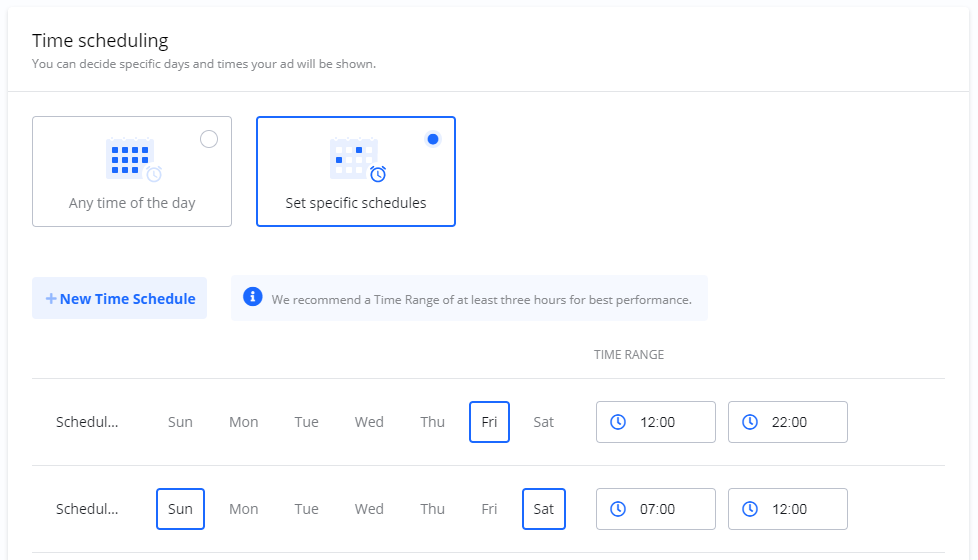 Screenshot of the 'Time scheduling' section, showing two specific time ranges scheduled for Friday and Sunday.