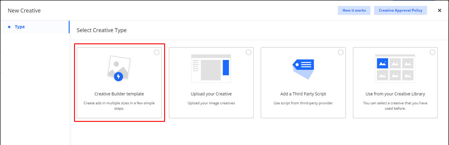 Screenshot of the 'Select Creative Type' screen highlighting the 'Creative Builder template' option.