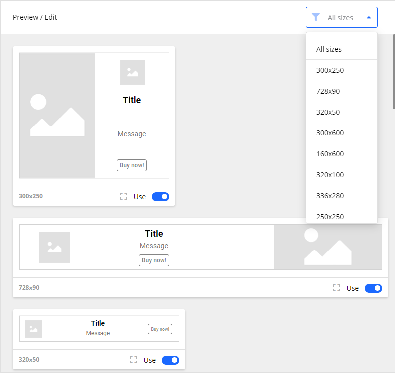 Screenshot of the creative builder's 'Preview Edit' screen showing various ad templates and a dropdown menu to filter them by size.