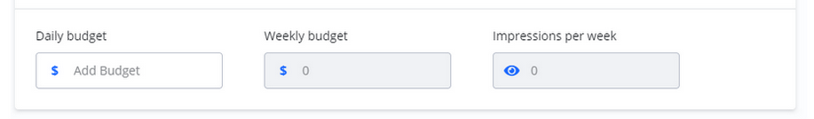 Screenshot of budget input fields for 'Budget,' 'Impressions,' and 'Avg. budget per day.'