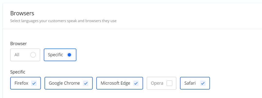 A browser targeting interface, with the 'Specific' option selected and Firefox, Google Chrome, Microsoft Edge, and Safari checked.