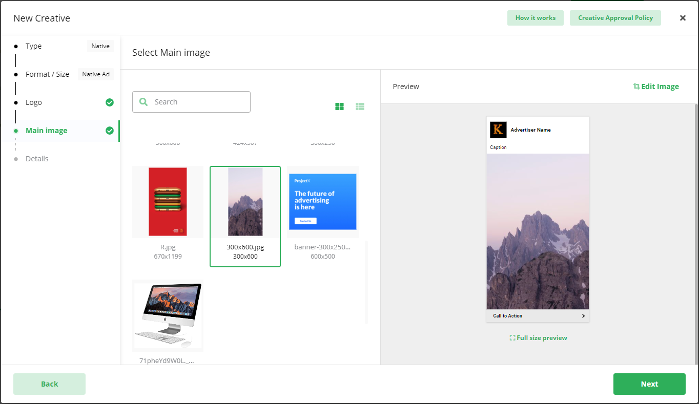 Screenshot of the 'Main image' selection step in the creative wizard, showing an image library and a preview of the native ad with the selected main image.