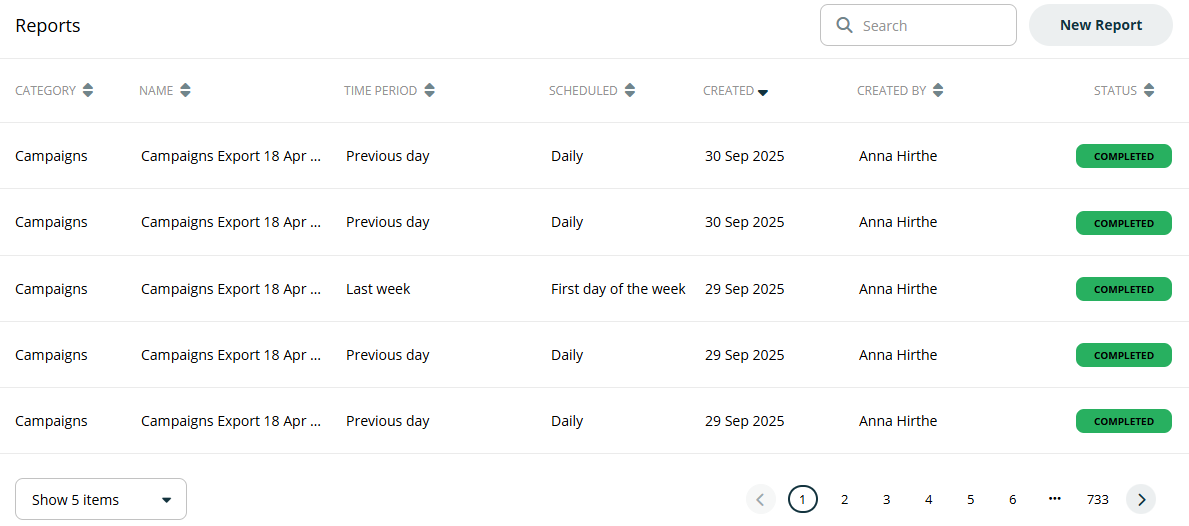 A list of generated campaign reports, showing their names, creation dates, and completed statuses, with pagination indicating more pages.