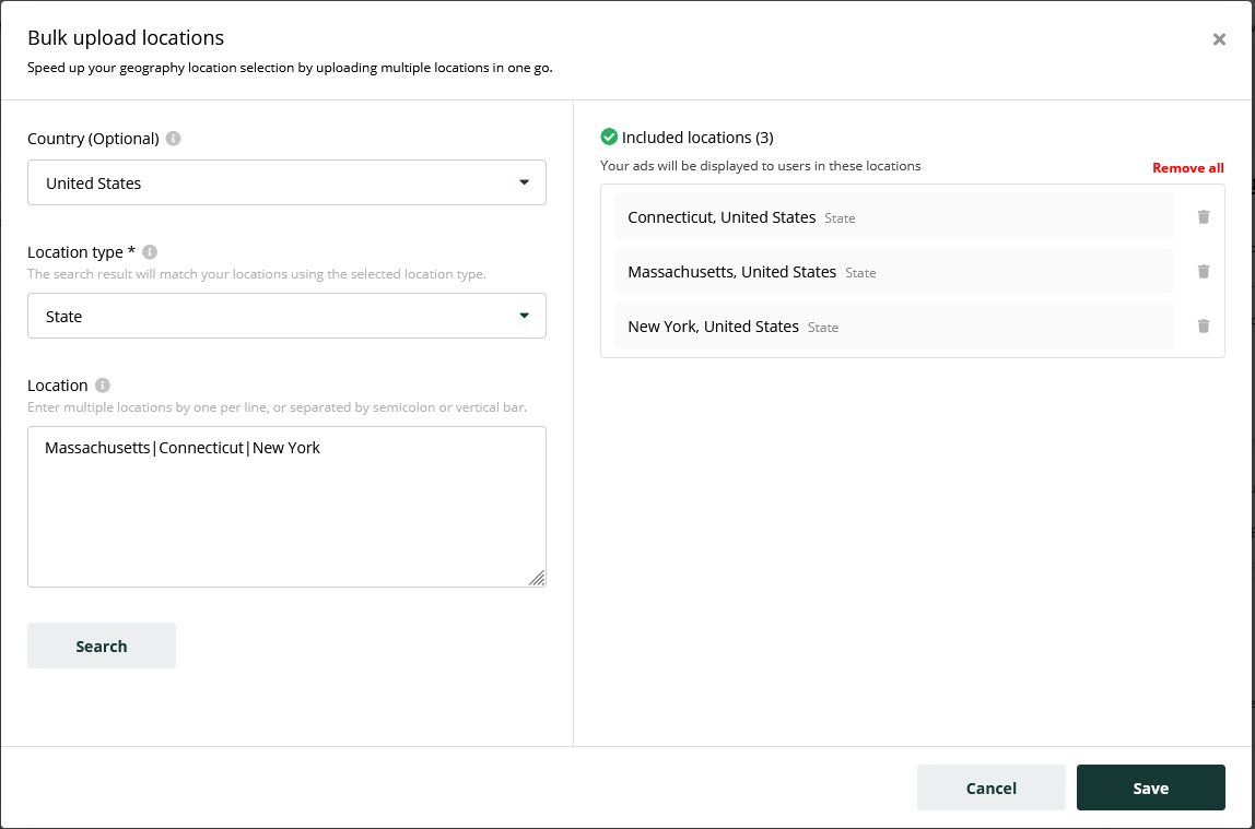 The 'Bulk upload locations' modal, showing several US states being added and the resulting list of included locations.