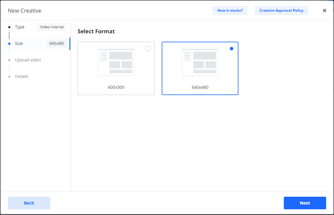 Screenshot of the creative size selection step for a video ad, showing the '640x480' format selected.