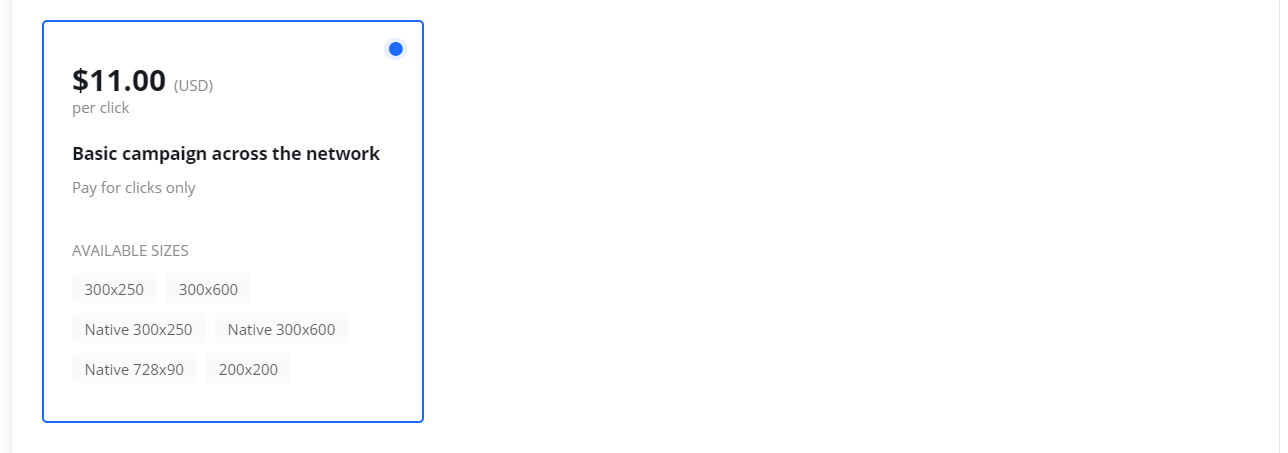 creenshot of the 'Basic campaign' option, showing a price of 11.00 per click and a list of available ad sizes.