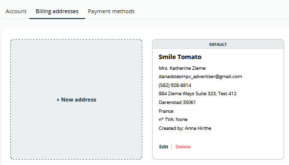 Screenshot of the 'Billing Addresses' tab, showing a list with a default address and buttons to 'Set as default', 'Edit', 'Delete', and 'Add new address'.