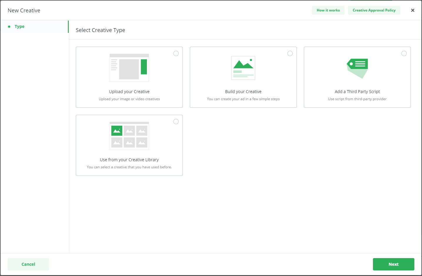 Screenshot of the 'Select Creative Type' screen, showing options to Upload your Creative, Build your Creative, Add a Third Party Script, and Use from your Creative Library.