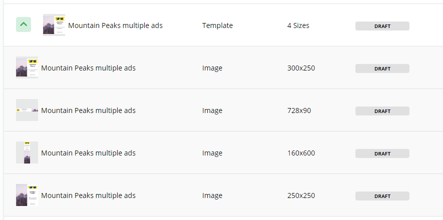 Screenshot of the creatives list showing a 'Mountain Peaks' ad group expanded to display the main template and four individual ad sizes, all in draft status.