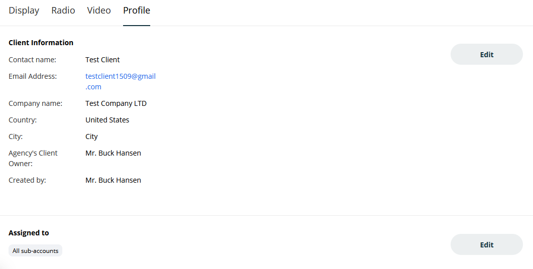 Screenshot of the 'Profile' tab on the Client details page, showing the 'Client Information' and 'Assigned to' sections with their respective 'Edit' buttons.