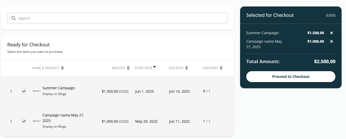Screenshot of the Shopping Cart, highlighting the 'Ready for Checkout' section and the 'Proceed to Checkout' button.
