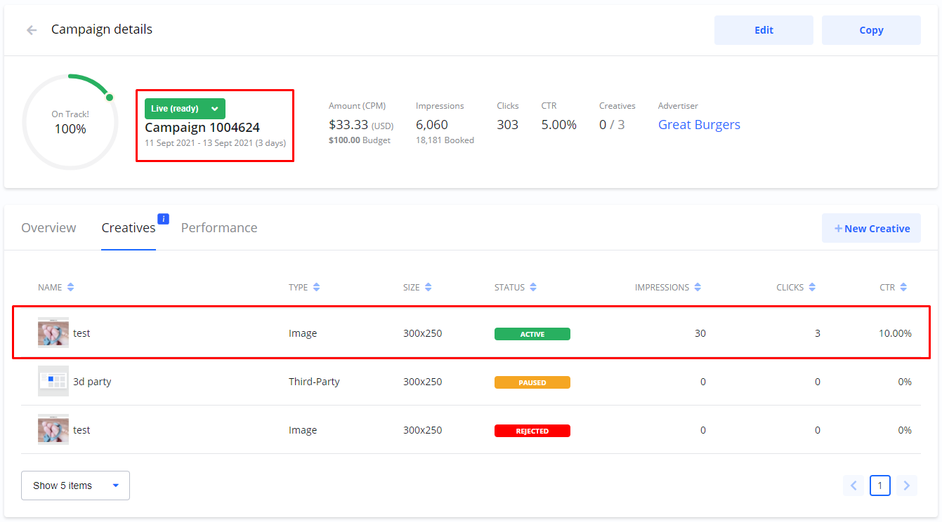 Screenshot of the 'Campaign details' page, highlighting a live campaign's status and the performance of an active creative with a 10.00 CTR