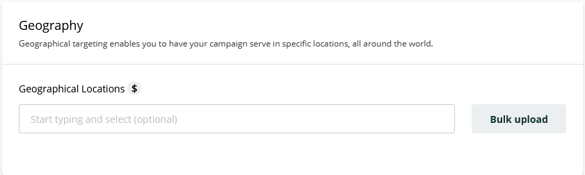 The geographical targeting section, showing an empty input field for locations and a 'Bulk upload' button.