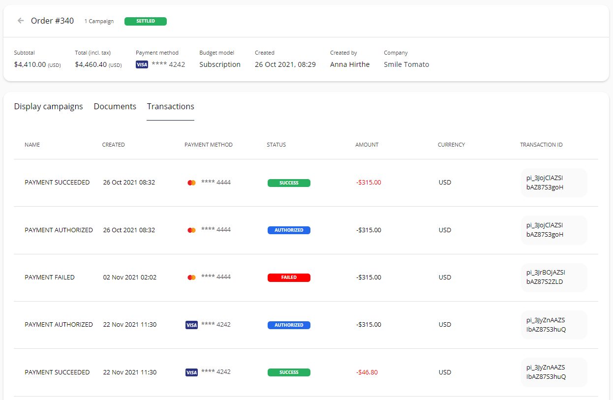 Screenshot of the Transactions tab within Order details, showing a list of weekly payments for a subscription.