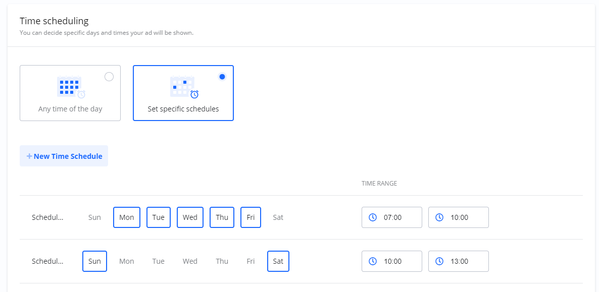 The time scheduling interface with 'Set specific schedules' selected, showing different time ranges for weekdays and weekends.