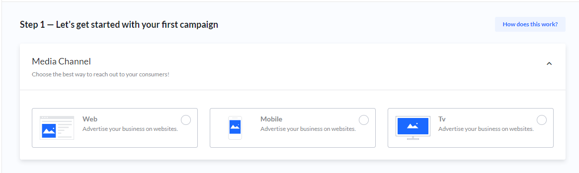 Screenshot of the first step of the Campaign Wizard, showing the Media Channel selection with options for Web, Mobile, and TV.