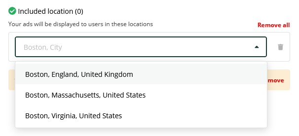 A dropdown menu showing multiple location matches for 'Boston', including options in England, Massachusetts, and Virginia.