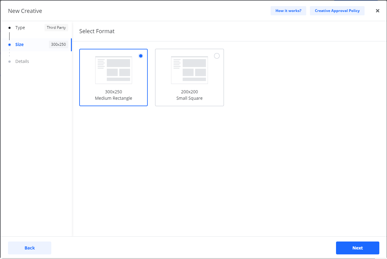 Screenshot of the creative size selection step, showing the '300x250 Medium Rectangle' format selected