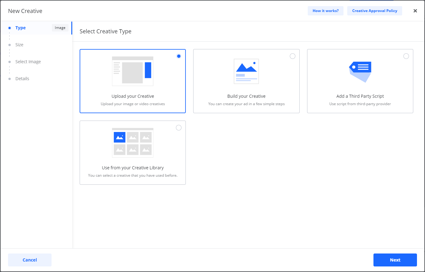Screenshot of the creative type selection screen with the 'Upload your Creative' option chosen.
