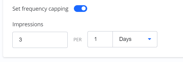 A close-up of the frequency capping settings, showing a limit of 3 impressions per day.